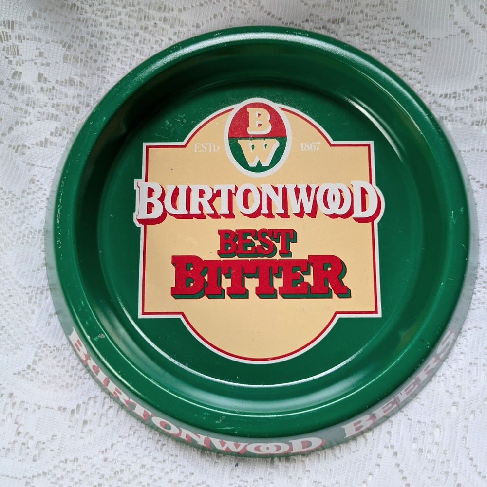 Vintage Burtonwood Beer Best Bitter Green Metal Tray or Coaster Brewery Ashtray?